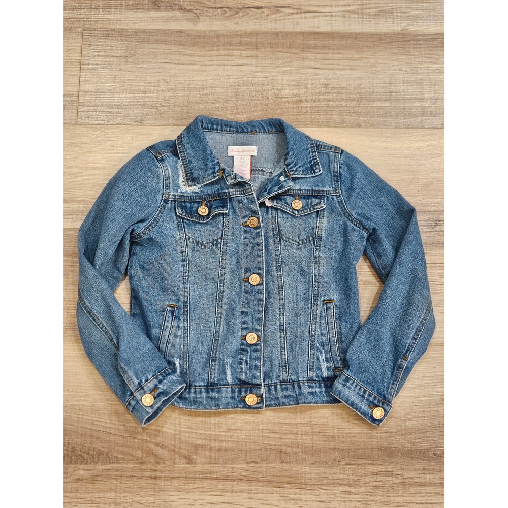 Tommy Bahama Girls Denim Jacket Size 8 Medium Wash Distressed Trucker Jean Coat